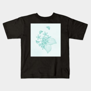 teal flowers and butterflies on subtle textured background Kids T-Shirt